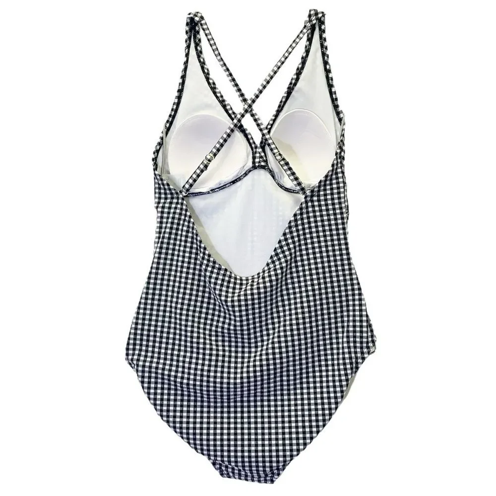 NWT Kona Sol Shirred Seersucker One Piece Swimsuit Black & White Size Medium NEW
